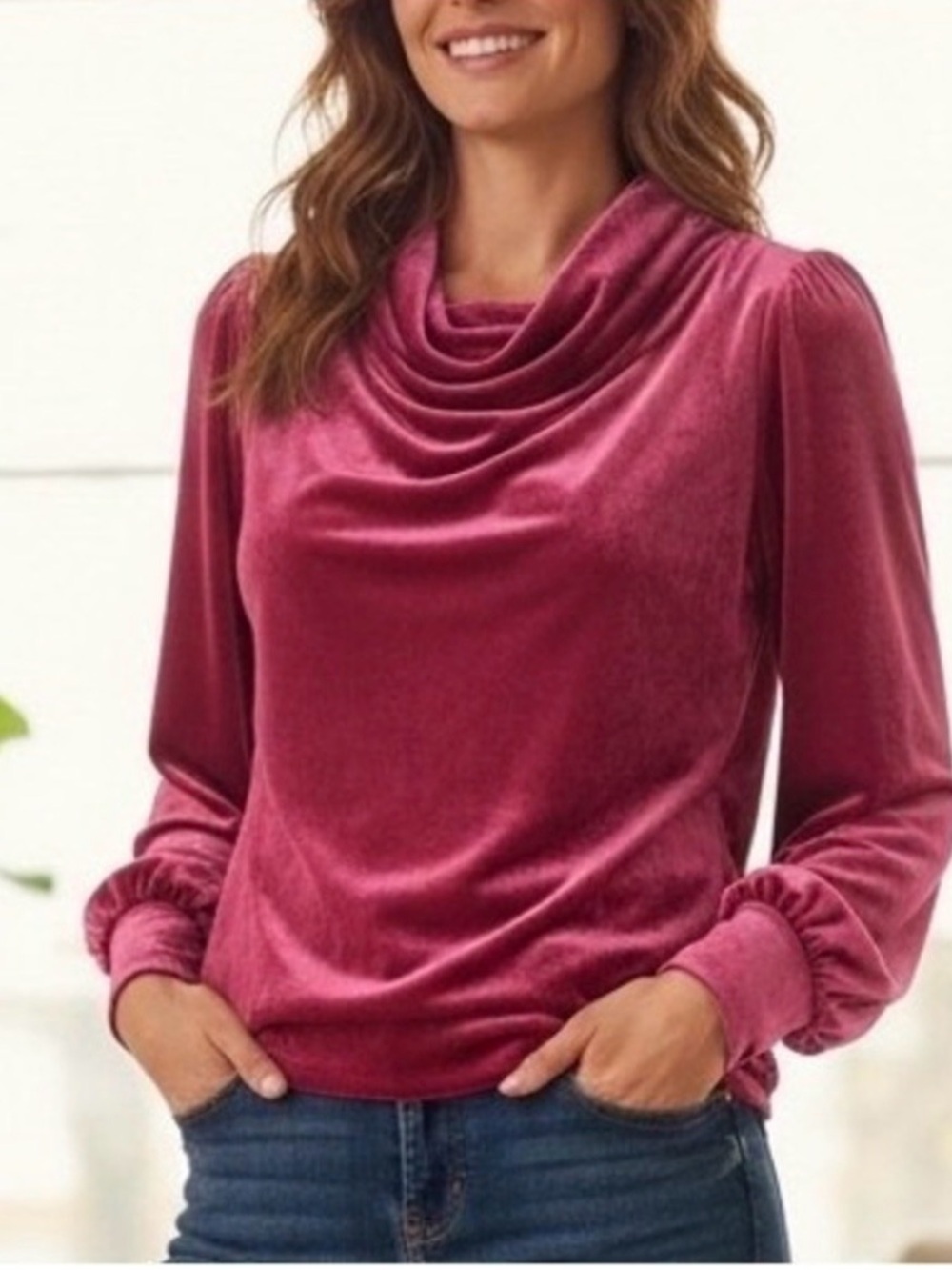 BTFL Life By Anthropologie Cowl Neck Long Sleeve Rose Velvet Pullover Top EUC
